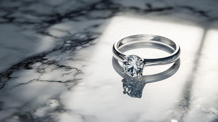 A beautifully crafted diamond ring rests gracefully on a marble surface, capturing the light and emphasizing its elegance and luxury. Perfect for romance.の素材