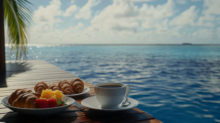 Enjoy a serene breakfast featuring croissants, fresh fruit, and coffee by the tranquil seaside. Perfect for a luxurious tropical vacation experience.の素材