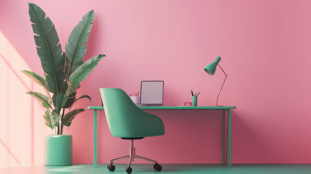 Bright and inviting workspace featuring a green chair, sleek desk, and lush plant against a vibrant pink wall, perfect for creativity and productivity.の素材