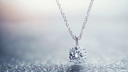 This captivating image features an elegant silver necklace with a sparkling round diamond pendant. Perfect for showcasing luxury and style.の素材