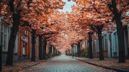 A picturesque view of a serene street adorned with beautiful cherry blossom trees, creating a vibrant, tranquil atmosphere perfect for leisurely strolls.の素材