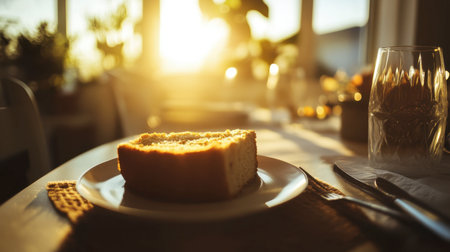 A slice of freshly baked cake sits on a white plate, illuminated by warm sunlight streaming through a window, creating a cozy and inviting atmosphere perfect for afternoon treats.の素材