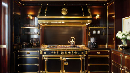 This image showcases a luxurious kitchen featuring gold accents, modern appliances, and rich wood cabinetry, creating a stylish and elegant cooking space.の素材