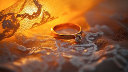 This stunning gold ring features a sparkling diamond set against a soft lace background, capturing the essence of luxury and romance in an elegant composition.の素材