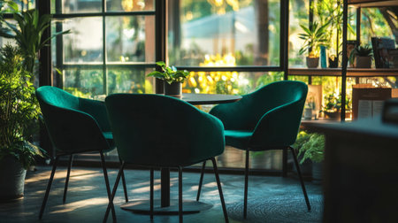 A serene indoor setting featuring stylish green chairs surrounded by lush plants, with warm sunlight streaming through large windows, creating a tranquil atmosphere.の素材