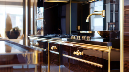 This sophisticated kitchen interior features a stunning blend of black and gold elements, showcasing modern design with luxurious details and elegant appliances.の素材