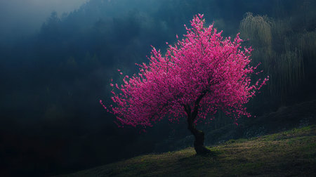 A stunning view of a solitary blossom tree adorned with vibrant pink flowers, set against a serene dusk backdrop. Ideal for nature-themed projects.の素材