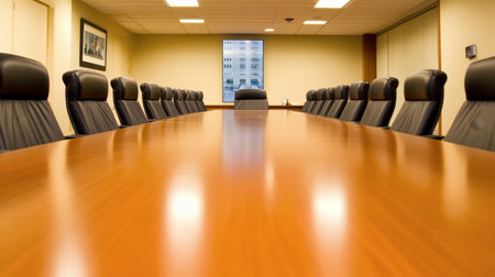 An elegant conference room featuring a long wooden table surrounded by leather chairs. Ideal for meetings, discussions, and strategic planning in a modern business environment.の素材