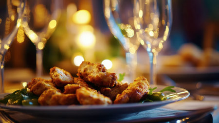 A tempting platter of crispy fried chicken served on a bed of fresh greens, surrounded by elegant sparkling wine glasses, perfect for any festive gathering.の素材