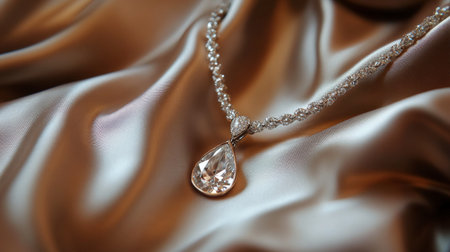 This stunning tear-drop diamond necklace rests elegantly on soft satin fabric, showcasing its beautiful craftsmanship and brilliance. Perfect for any luxurious occasion.の素材