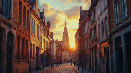 A picturesque scene of a serene sunset illuminating a historic street with charming buildings and a church tower in the background, creating a warm atmosphere.の素材