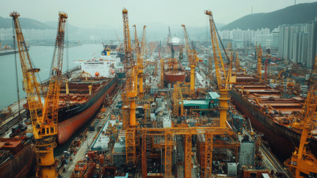 This image showcases a bustling shipyard, filled with towering cranes and various ships in different stages of construction, highlighting industrial activity.の素材
