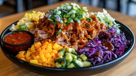 A vibrant bowl featuring tender pulled pork topped with fresh vegetables like lettuce, corn, mango, and red cabbage, paired with dipping sauces for a delicious meal.の素材