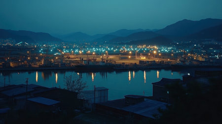A serene night view over a harbor showcasing glowing lights reflected in the water, surrounded by mountains, creating a tranquil atmosphere perfect for reflection.の素材