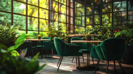 This stunning restaurant interior features elegant green furnishings and abundant plants, creating a serene atmosphere filled with natural light, perfect for dining and relaxation.の素材