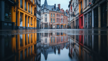 A serene urban scene showcasing reflections of historic architecture on a wet street. The vibrant colors and empty surroundings create a peaceful atmosphere.の素材