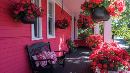 A charming porch adorned with vibrant pink geraniums and a cozy seating area, creating an inviting space filled with warmth and peaceful tranquility.の素材