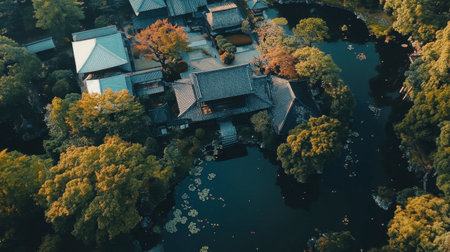 Discover the beauty of a traditional Japanese garden featuring serene ponds, lush trees, and intricate architecture, perfect for peaceful moments.の素材