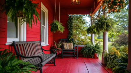 Discover a cozy outdoor porch with a vibrant red finish, adorned with lush green ferns and welcoming seating, creating a perfect retreat for relaxation.の素材