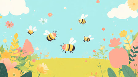 A whimsical illustration of colorful bees flying over a vibrant floral meadow, showcasing the beauty of nature during springtime. Ideal for various creative projects.の素材