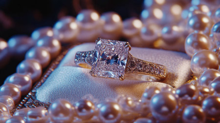 This stunning diamond ring features a brilliant cut center stone surrounded by smaller diamonds, elegantly positioned on a bed of exquisite pearls.の素材