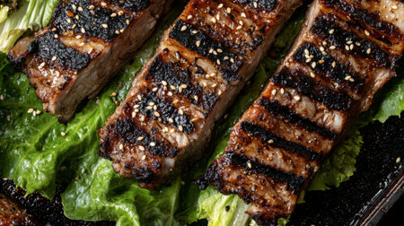 Discover a tantalizing image of grilled meat strips resting on fresh lettuce, garnished with sesame seeds. Perfect for food enthusiasts and chefs!の素材