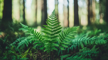A captivating view of lush green ferns that thrive in a serene forest. Sunlight filters through towering trees, creating an enchanting atmosphere in nature.の素材