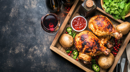 A beautifully arranged wooden tray featuring roasted chicken legs accompanied by flavorful sides, fresh greens, and a glass of wine, perfect for gatherings.の素材