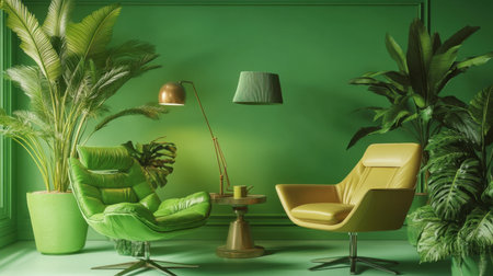 A vibrant modern lounge featuring lush greenery and bold furniture, creating a fresh and inviting atmosphere for relaxation and creativity. Perfect for interiors.の素材