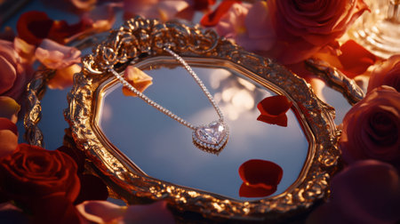 A stunning heart-shaped necklace elegantly displayed on a vintage mirror, surrounded by soft rose petals, creating a romantic and luxurious atmosphere perfect for special occasions.の素材