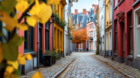 A picturesque autumn street featuring colorful buildings and cobblestone pathways. Golden leaves adorn the scene, creating a vibrant, inviting atmosphere.の素材