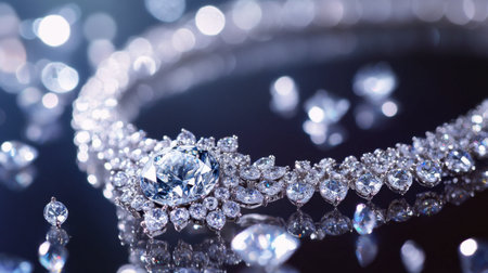 This stunning close-up image features an elegant diamond necklace surrounded by twinkling gemstones. The glossy surface enhances its luxury and sophistication.の素材