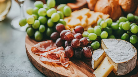 A beautifully arranged cheese and charcuterie platter featuring various cheeses, cured meats, and a medley of fresh grapes, perfect for gatherings or celebrations.の素材