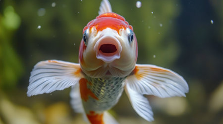 A vibrant koi fish elegantly swims through clear water, showcasing its striking colors. The image captures the serene beauty of aquatic life in a peaceful environment.の素材