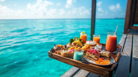 Enjoy a sumptuous brunch spread featuring vibrant fruits, decadent pastries, and refreshing beverages, all set against a stunning turquoise ocean backdrop.の素材