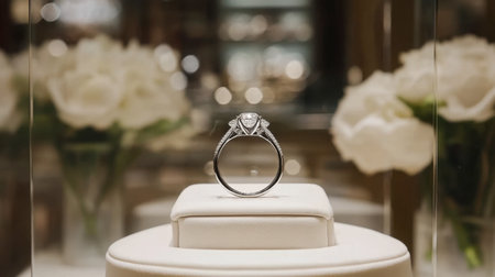A stunning diamond ring showcased in an elegant boutique, surrounded by beautiful roses. This image captures the essence of luxury and romance, ideal for jewelry lovers.の素材