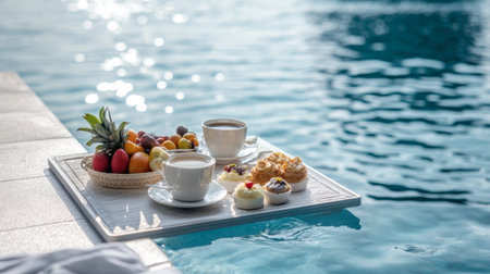 Enjoy a delightful poolside breakfast featuring fresh fruits and sweet treats. Perfect for summer relaxation, this scene radiates luxury and tranquility.の素材