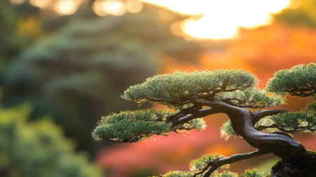 A captivating bonsai tree stands elegantly against a vibrant autumn backdrop, showcasing nature's beauty. The interplay of light and color evokes tranquility.の素材