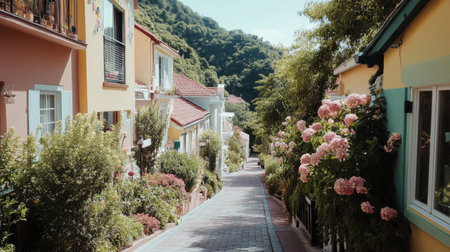 A picturesque street lined with vibrant flowers and lush greenery captures the essence of a charming village. Ideal for travel inspiration.の素材