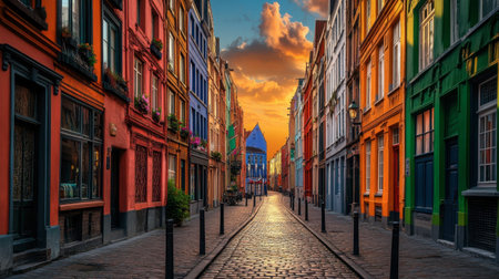 A vibrant cobblestone street brings charm and color to the sunset. The vivid buildings reflect rich history and evoke a sense of exploration and tranquility.の素材