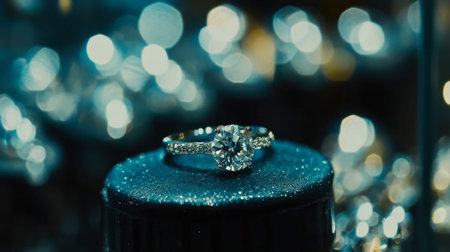A stunning diamond ring sits on a dark display with a shimmering bokeh background. This image captures the luxury and elegance of fine jewelry, ideal for romantic occasions.の素材