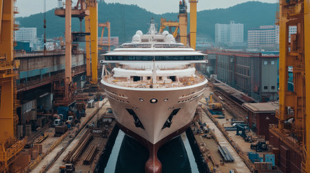 A large cruise ship is positioned in a busy shipyard, surrounded by cranes and construction equipment. This image highlights the maritime industry and shipbuilding process.の素材