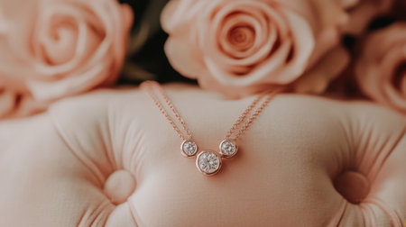 Stunning rose gold necklace rests on a plush cushion, surrounded by soft roses. A perfect blend of elegance and sophistication, ideal for fashion lovers.の素材