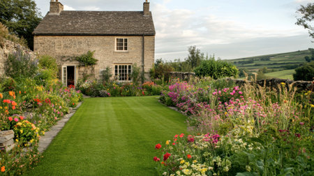 A charming cottage nestled in a vibrant flower garden, showcasing a lush green lawn and colorful blooms. This idyllic scene captures the essence of peaceful countryside living.の素材