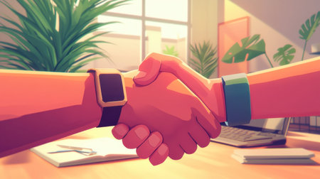 A vibrant illustration of two hands shaking in a modern office setting, surrounded by greenery and natural light, symbolizing trust and collaboration.の素材