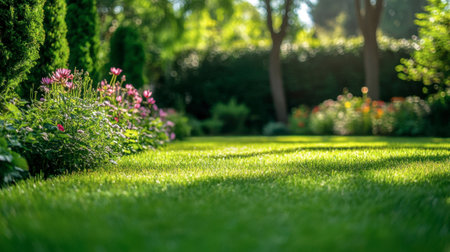 A vibrant garden scene featuring a lush green lawn bordered by colorful flowers and trees, bathed in gentle summer sunlight, creating a peaceful retreat.の素材