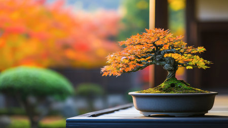 A stunning bonsai tree displays vibrant orange leaves in an elegant Japanese garden. This serene composition captures the beauty of autumn and tranquility in nature.の素材