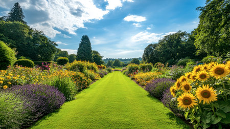 A picturesque garden pathway lined with vibrant flowers under a bright blue sky. The lush greenery and colorful blooms create a serene outdoor space perfect for relaxation and enjoyment.の素材