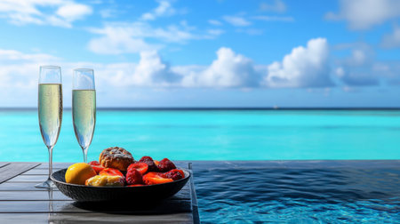Enjoy a luxurious brunch experience by the pool with refreshing champagne and an assortment of fresh fruits against a stunning ocean backdrop.の素材