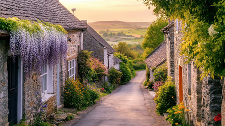 A picturesque village pathway adorned with blooming flowers, leading gently into a peaceful landscape at sunset. The vibrant colors create a serene atmosphere.の素材